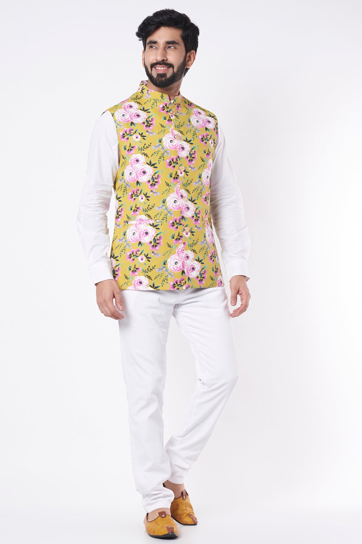 Off-White Poly Silk Floral Printed Nehru Jacket Set Design by BRAHAAN at  Pernia's Pop Up Shop 2024