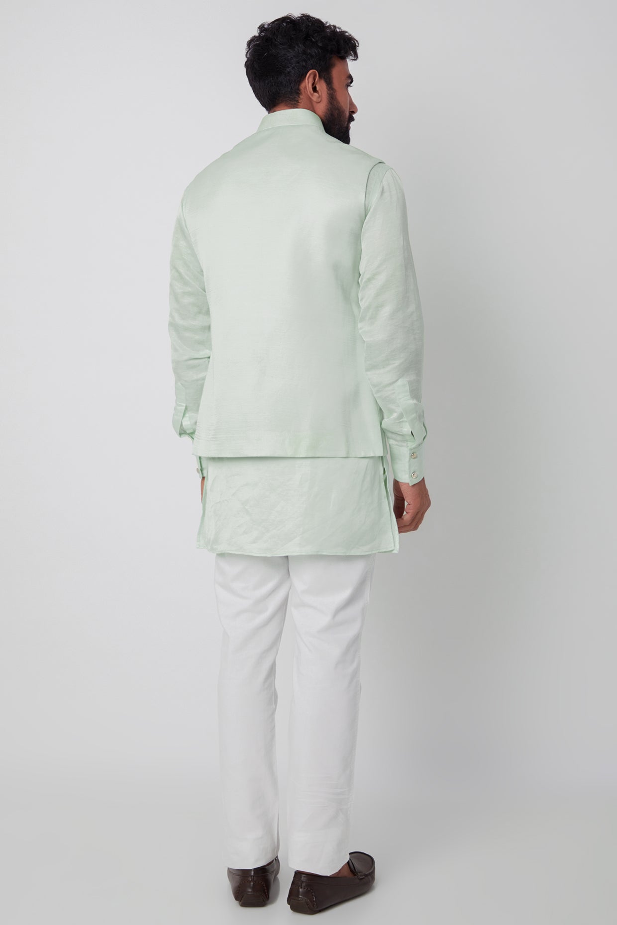 Mint Green Linen Satin Bundi Jacket With Kurta Set - Spring Break