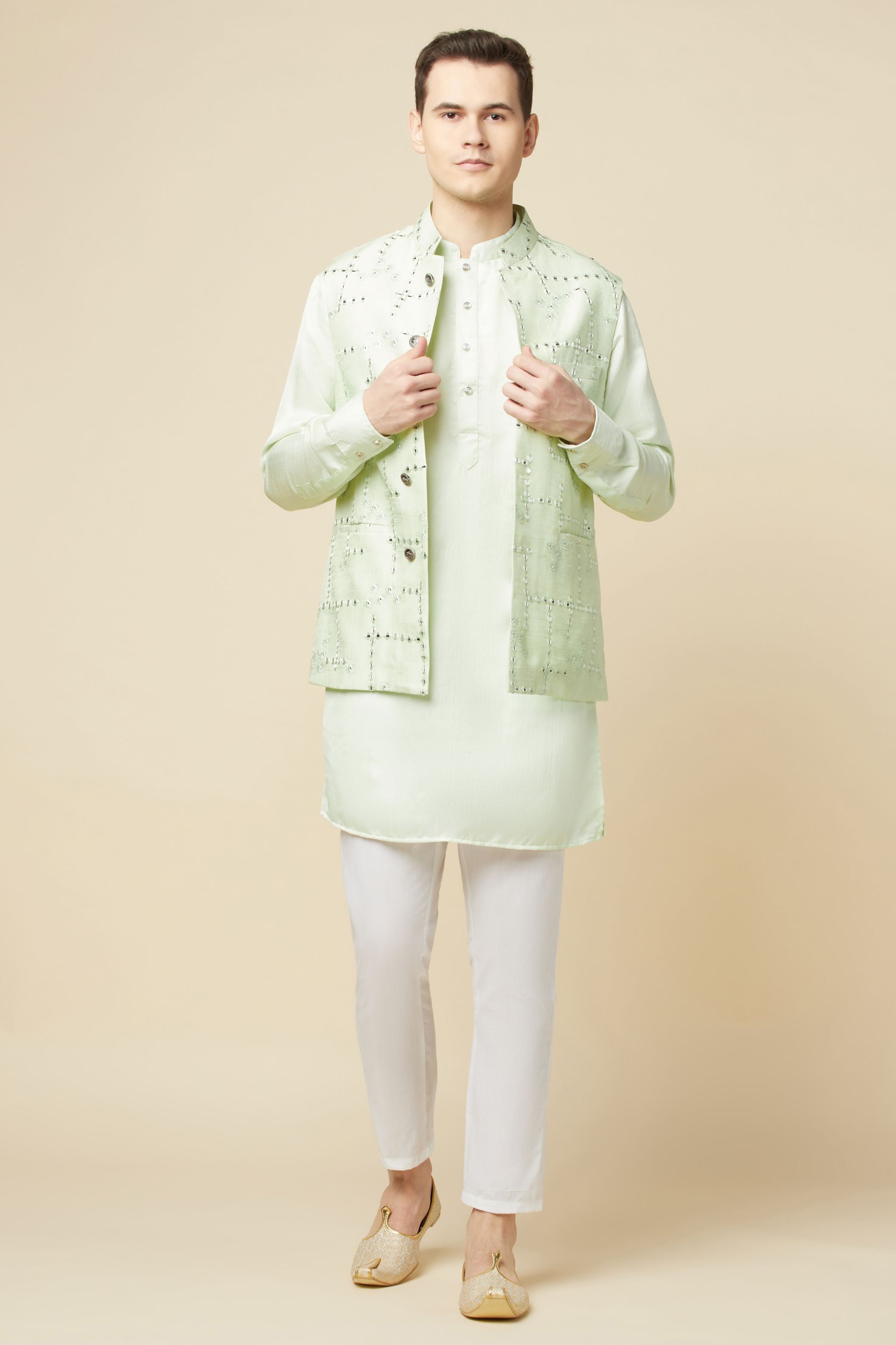 Pista Green Luckhnavi Nehru Jacket | Nehru jackets, Silk bottoms,  Embroidered silk